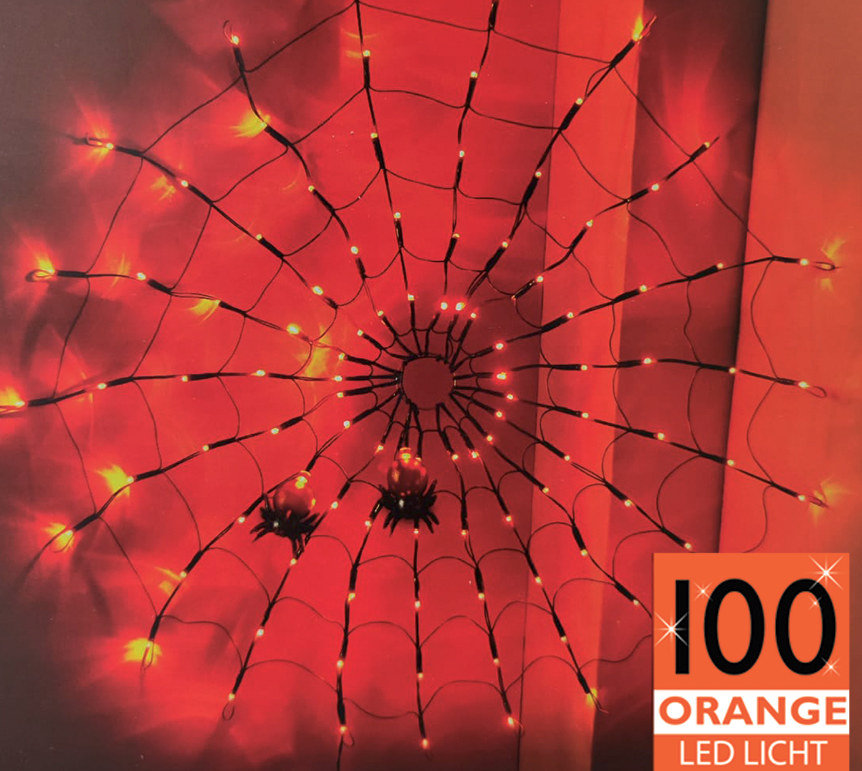 Halloween Spinnennetz 100 LED orange mit Spinnnen