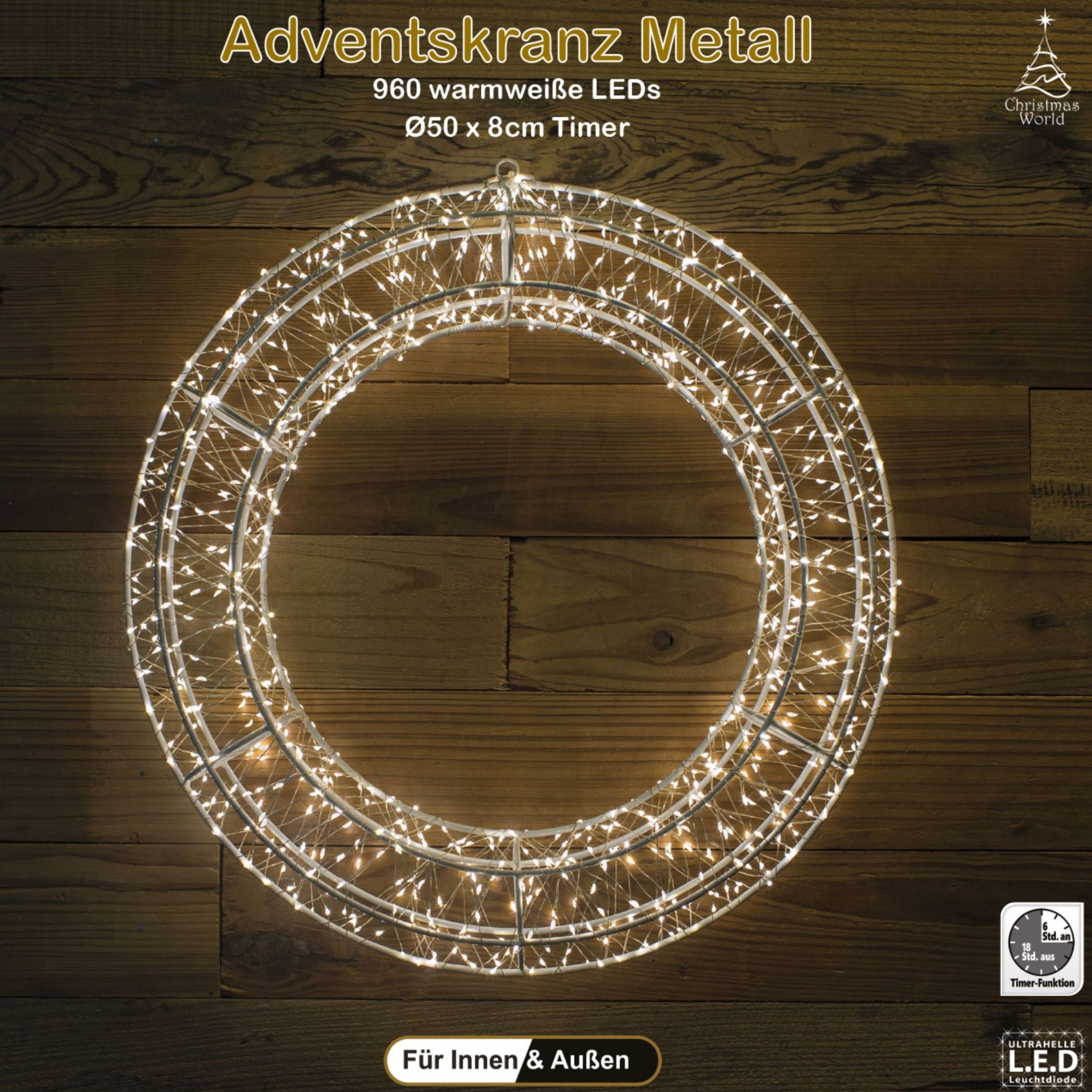 LED Adventskranz Metall 50x8 cm mit Timer